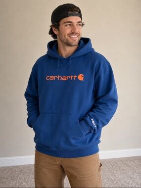 Carhartt Force Hoodie Men’s Large Blue Orange Logo Relaxed Fit Pullover